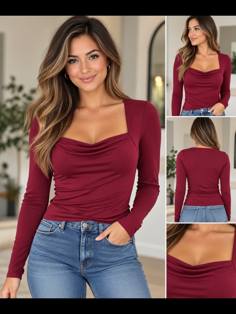 H&M Burgundy Long-Sleeve Square Neck Blouse